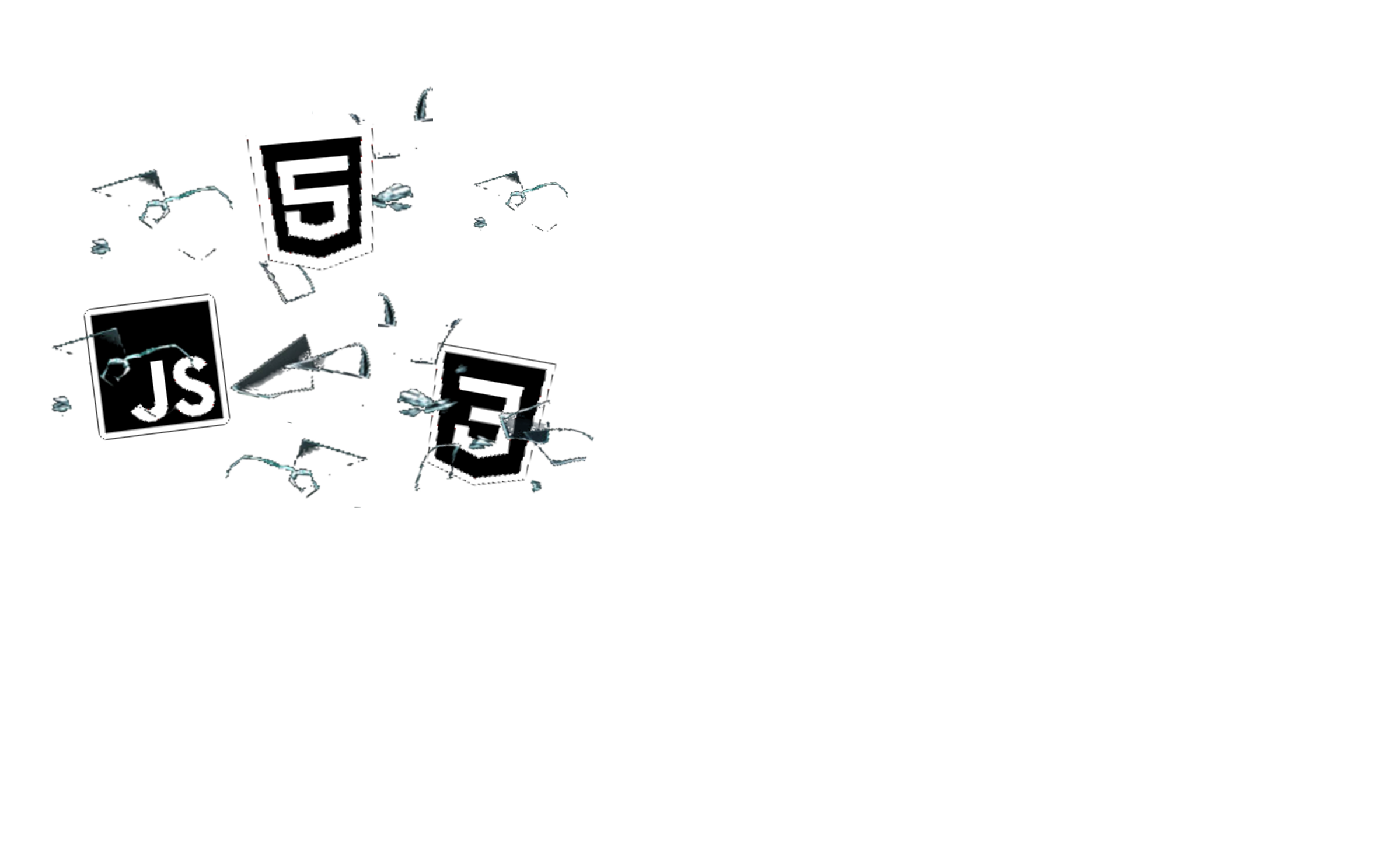 Estilhaços de vidro com os ícones de HTML5, CSS3 e JavaScript por cima.